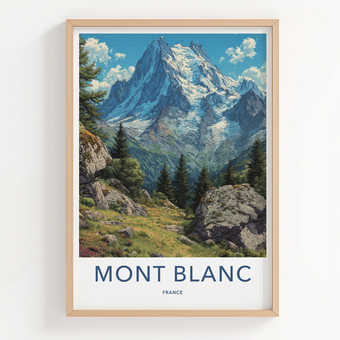 Mont Blanc Poster - France Travel Art - Snowy Mountain Valley Lounge Decor