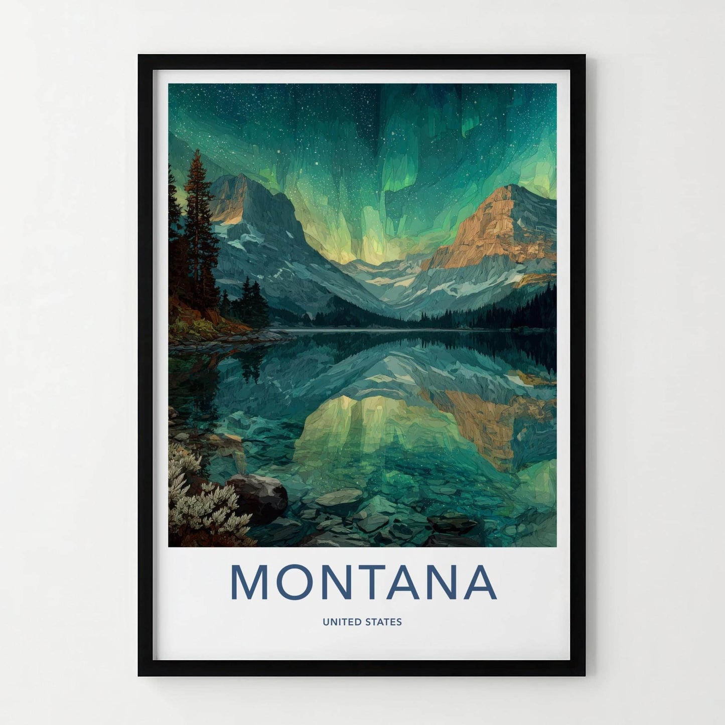 Montana Poster - Montana Travel Art - Mountain Lake Aurora Home Decor