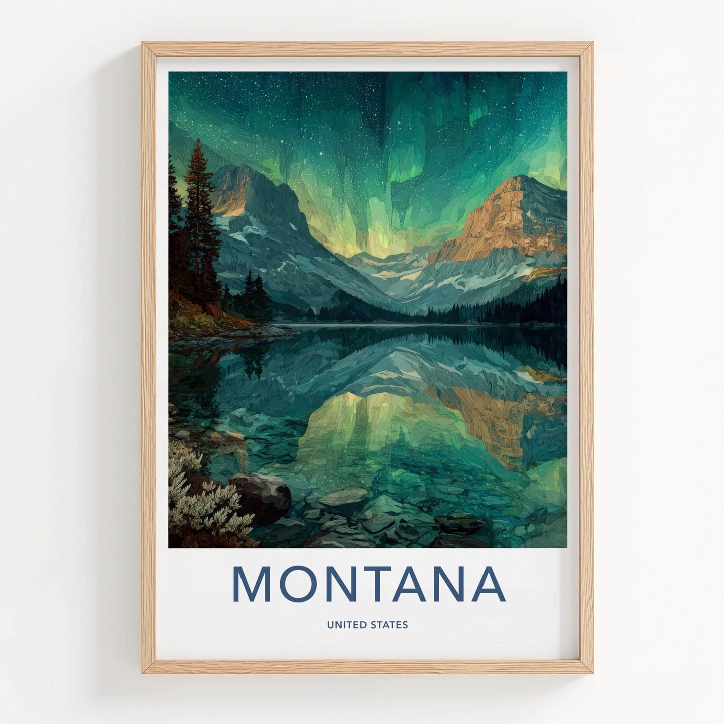 Montana Poster - Montana Travel Art - Mountain Lake Aurora Home Decor