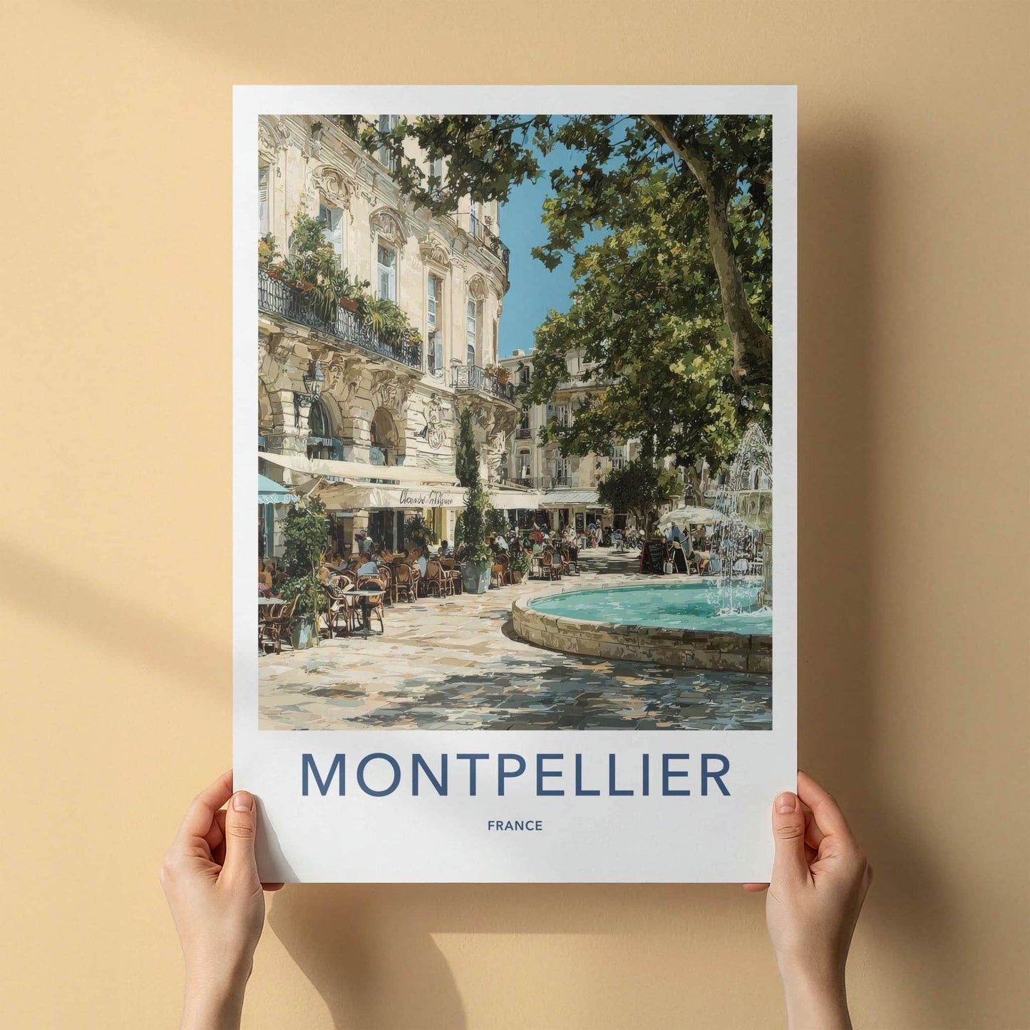 Montpellier Poster - France Travel Art - Lively Cafe Fountain Home Decor