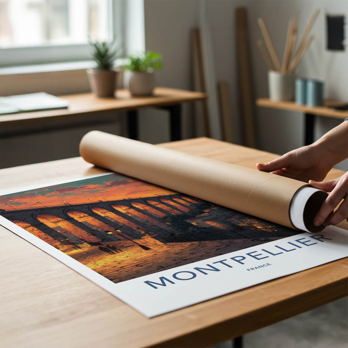 Montpellier Poster - France Travel Art - Orange Sky Aqueduct Home Decor