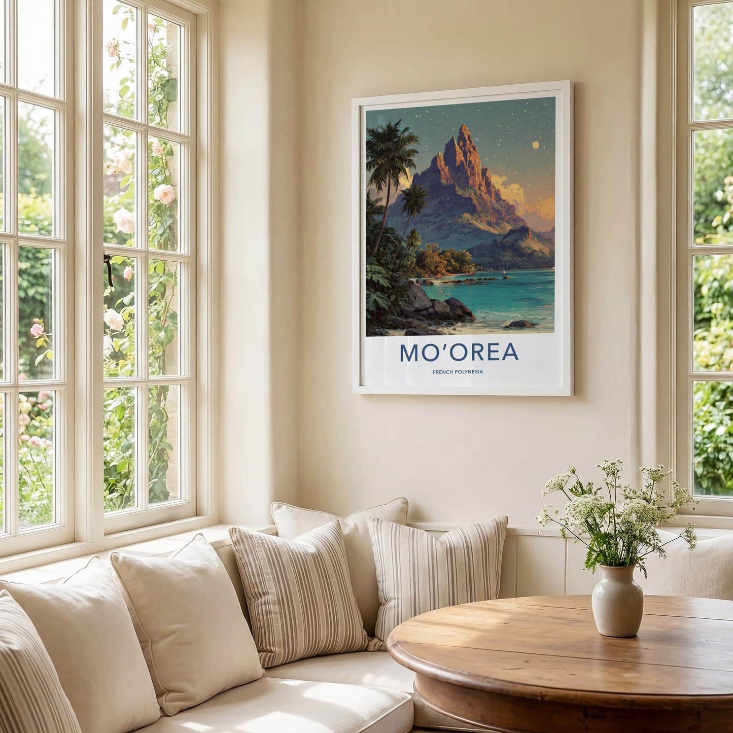 Moorea Poster - French Polynesia Travel Art - Moonlit Mountain Shore Home Decor