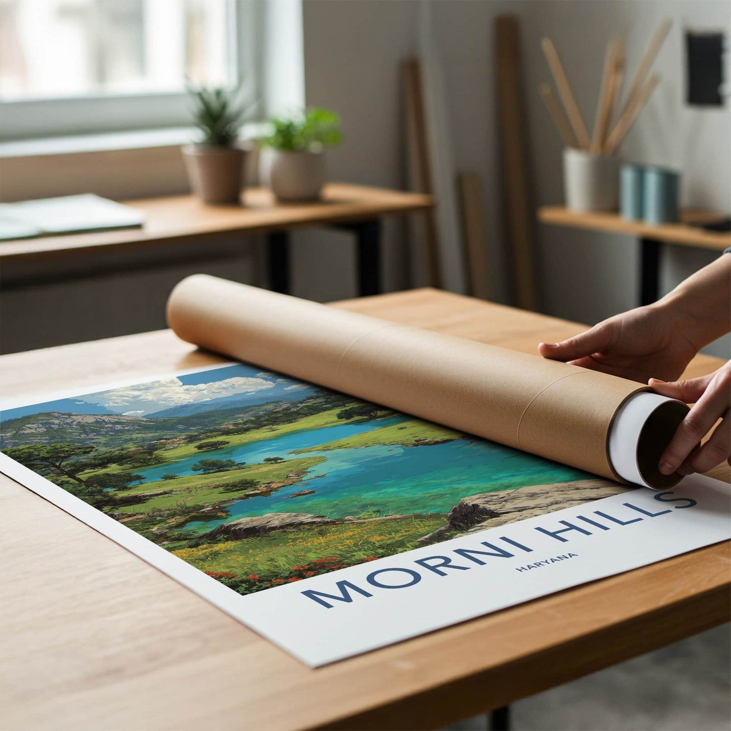 Morni Hills Poster - Haryana Travel Art - Lush Valley Lake Wall Decor