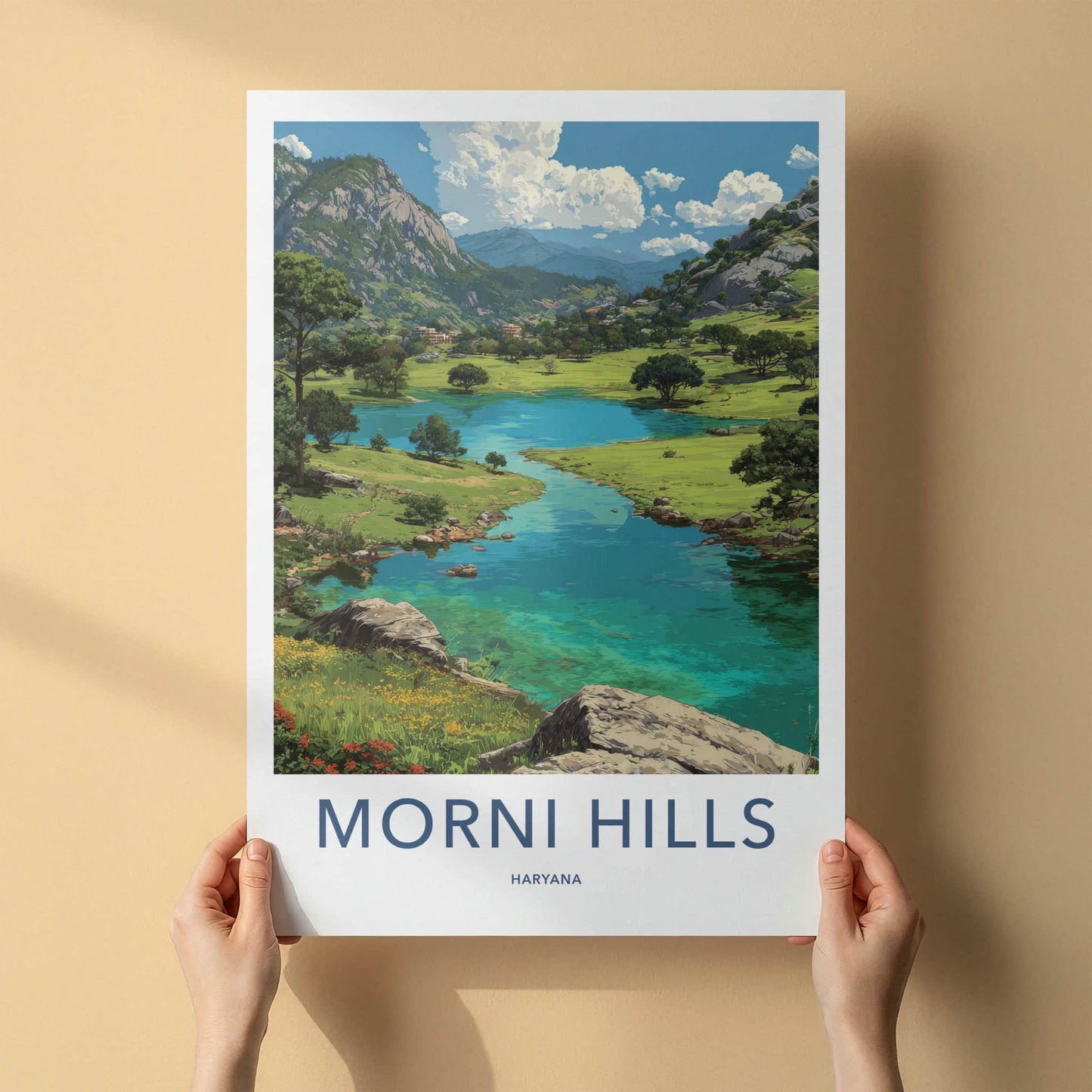 Morni Hills Poster - Haryana Travel Art - Lush Valley Lake Wall Decor