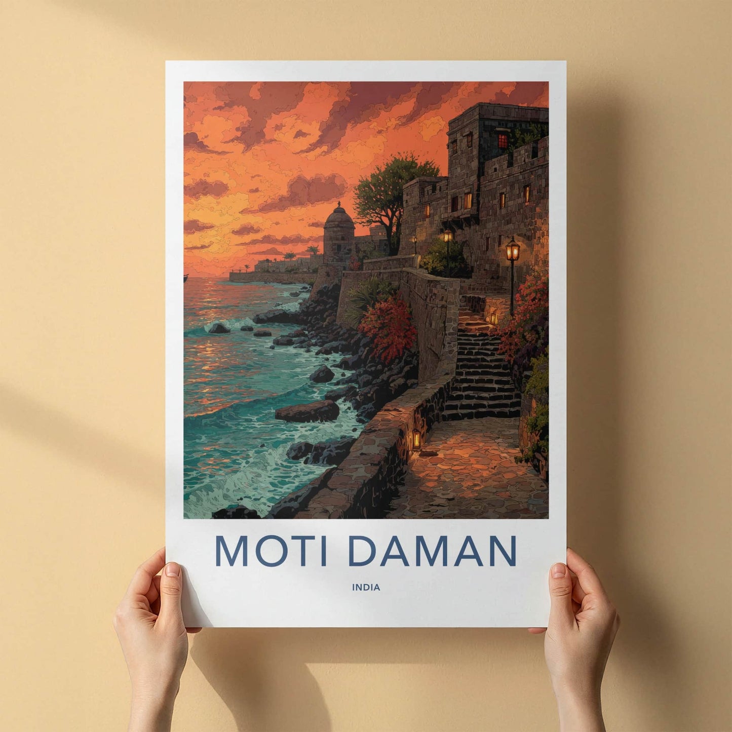 Moti Daman Poster - India Coastal Fort Sunset Lounge Decor