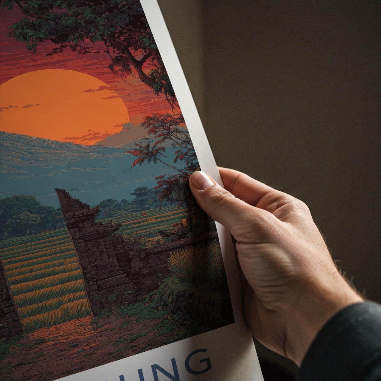 Mount Agung Poster - Indonesia Travel Art - Sunset Rice Paddies Home Decor