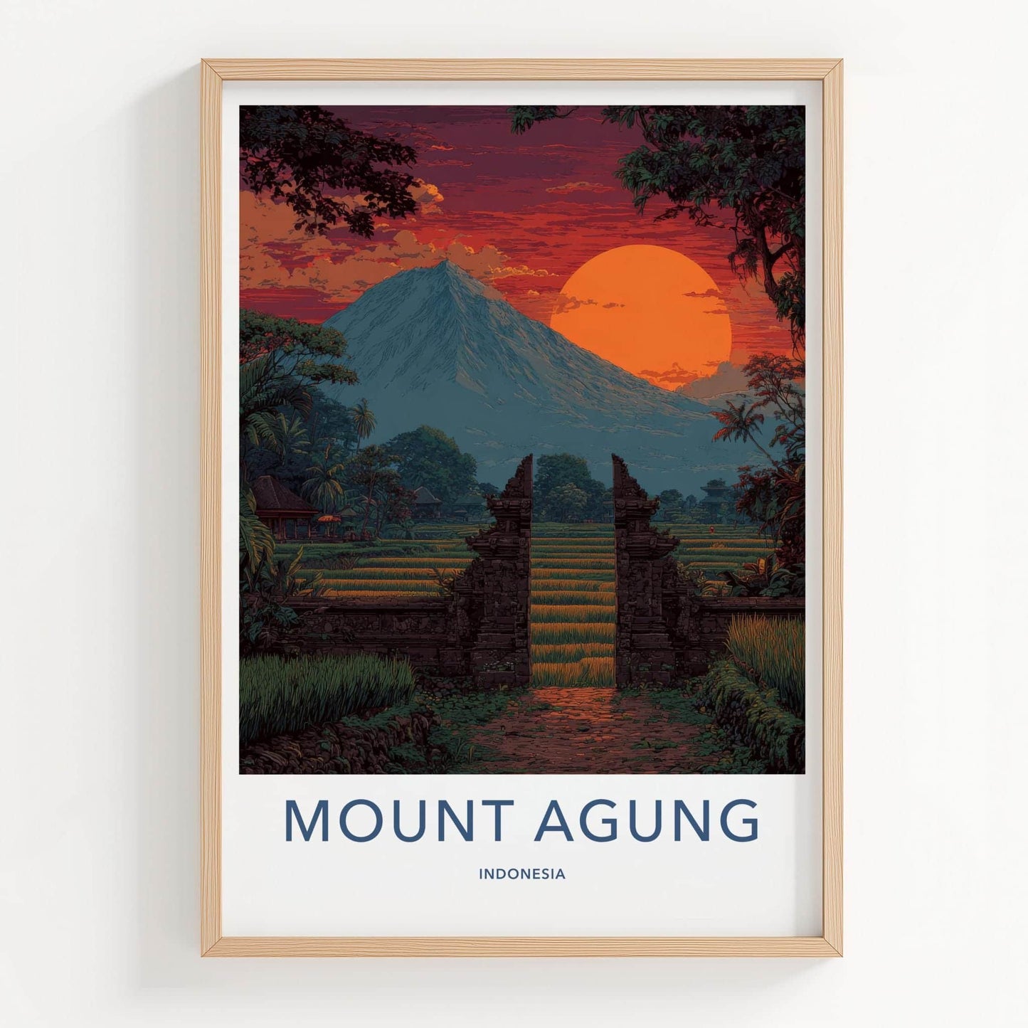 Mount Agung Poster - Indonesia Travel Art - Sunset Rice Paddies Home Decor