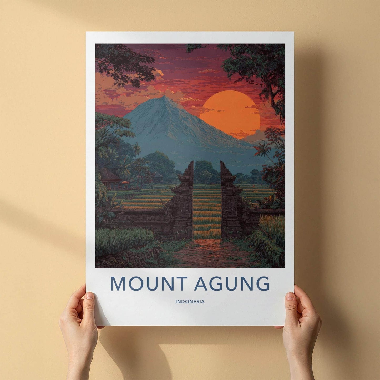 Mount Agung Poster - Indonesia Travel Art - Sunset Rice Paddies Home Decor