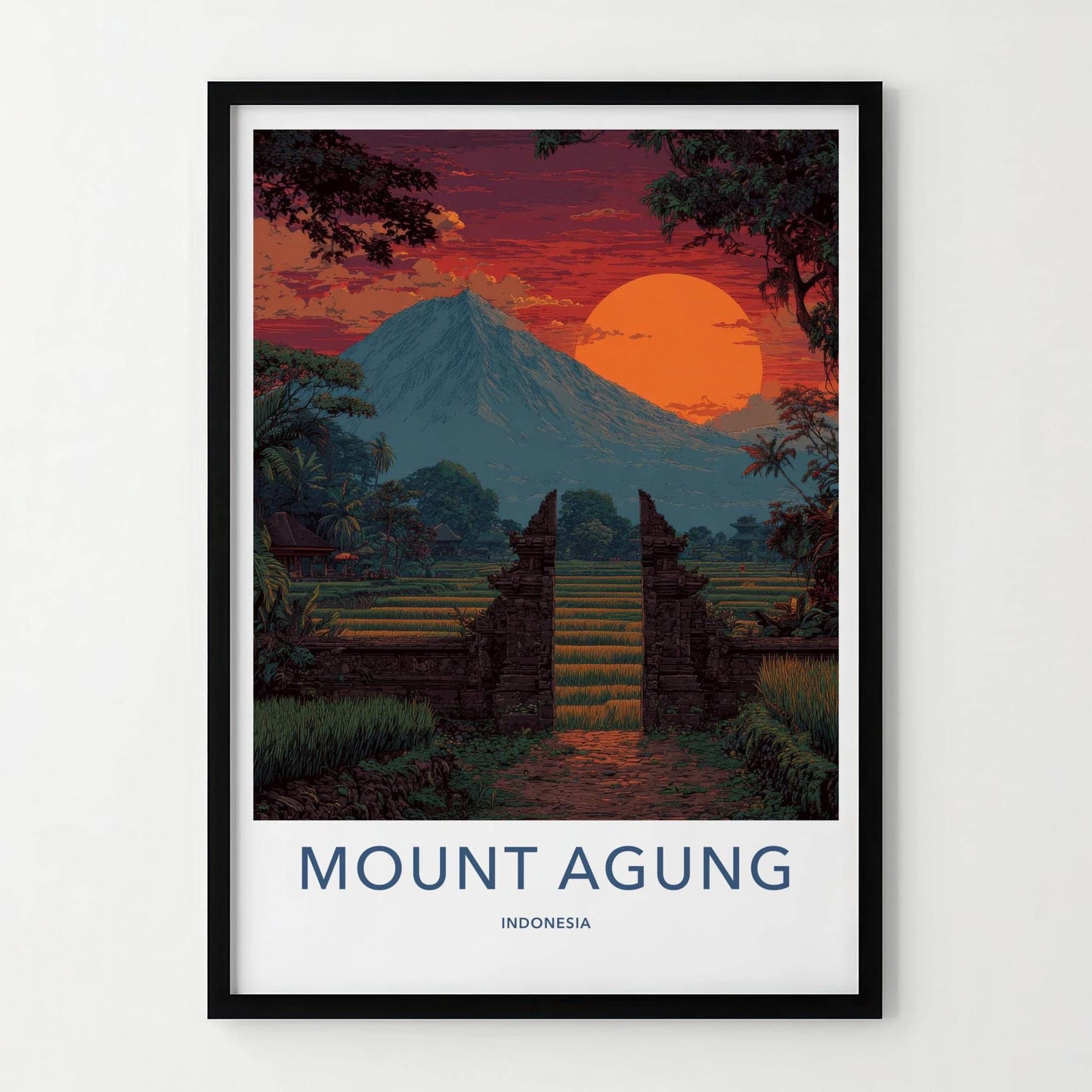 Mount Agung Poster - Indonesia Travel Art - Sunset Rice Paddies Home Decor