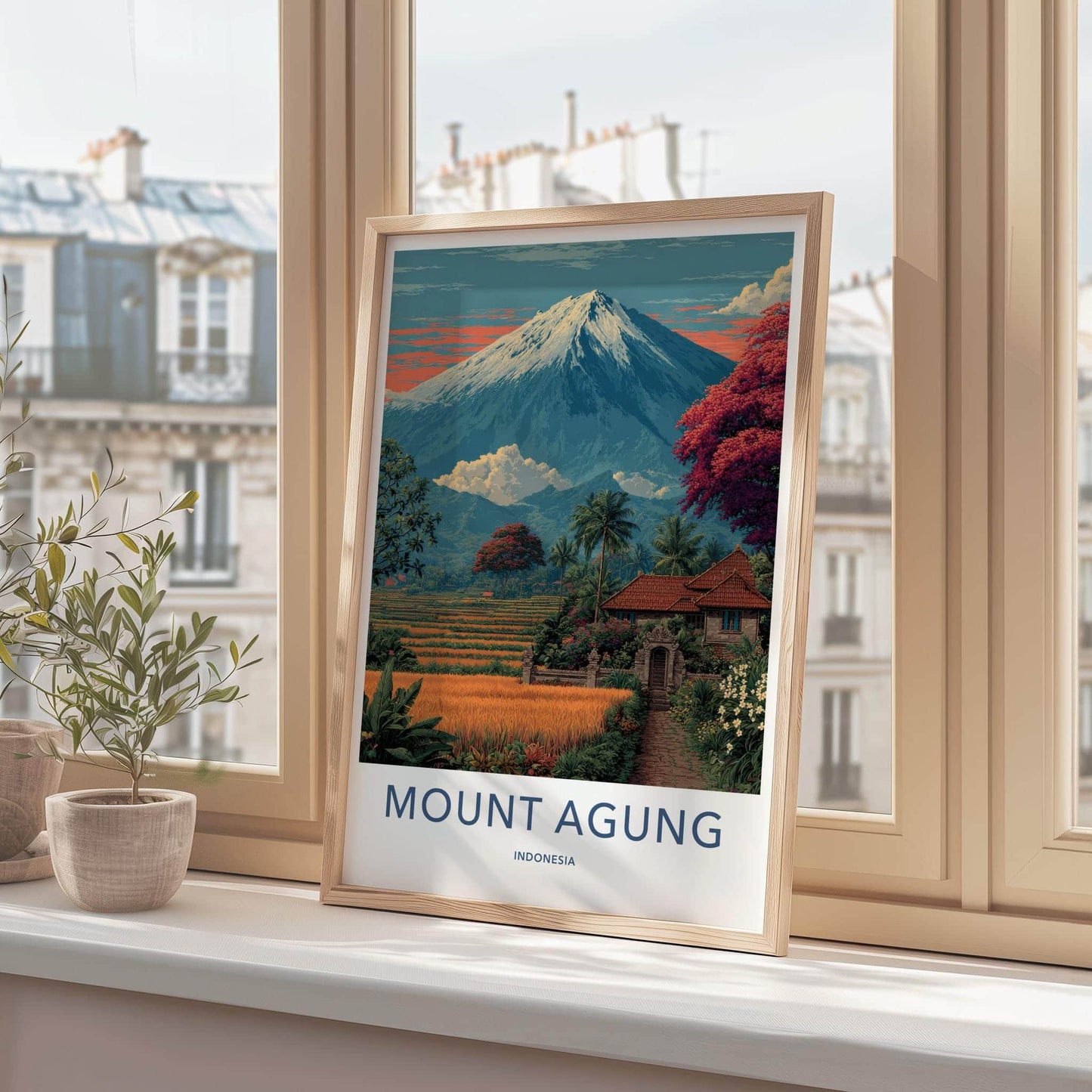 Mount Agung Poster - Indonesia Travel Art - Volcano Rice Fields Home Decor