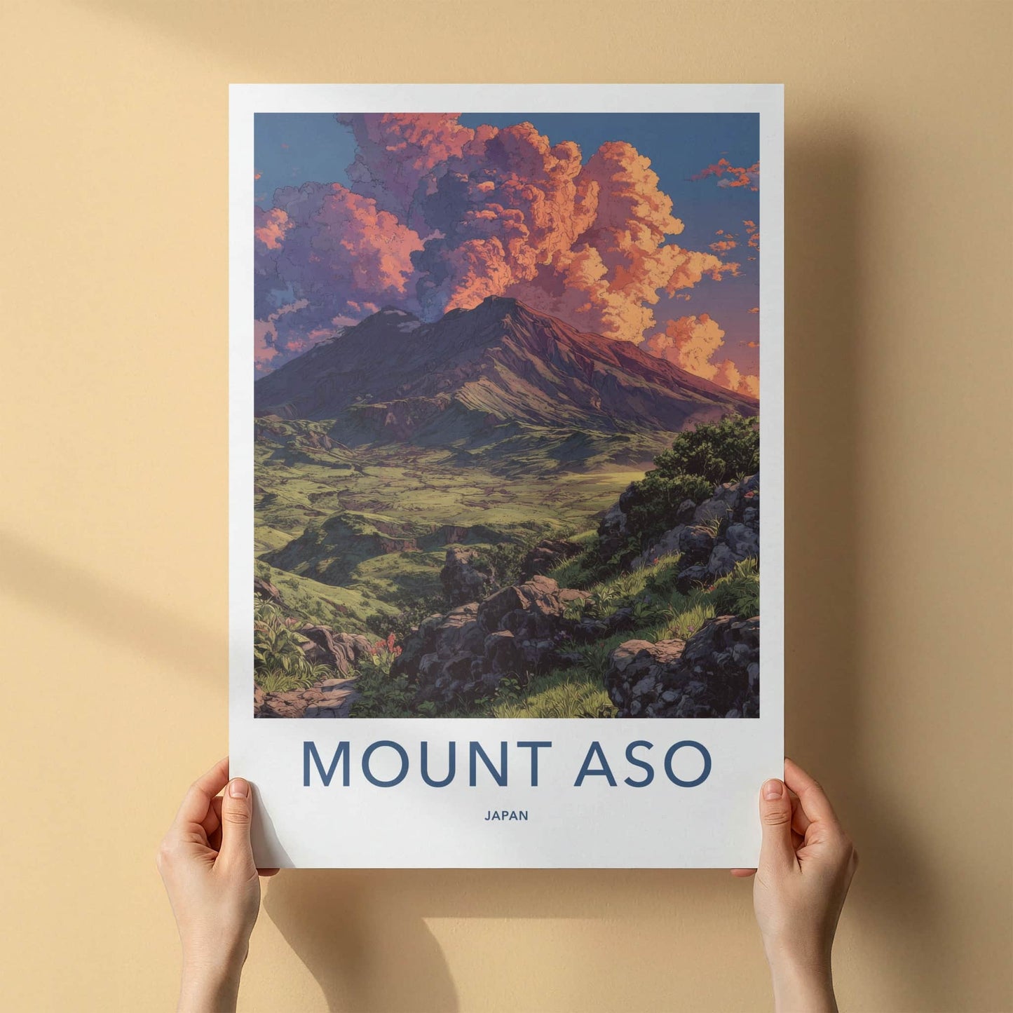 Mount Aso Poster - Japan Travel Art - Cloudy Mountain Sunset Home Decor