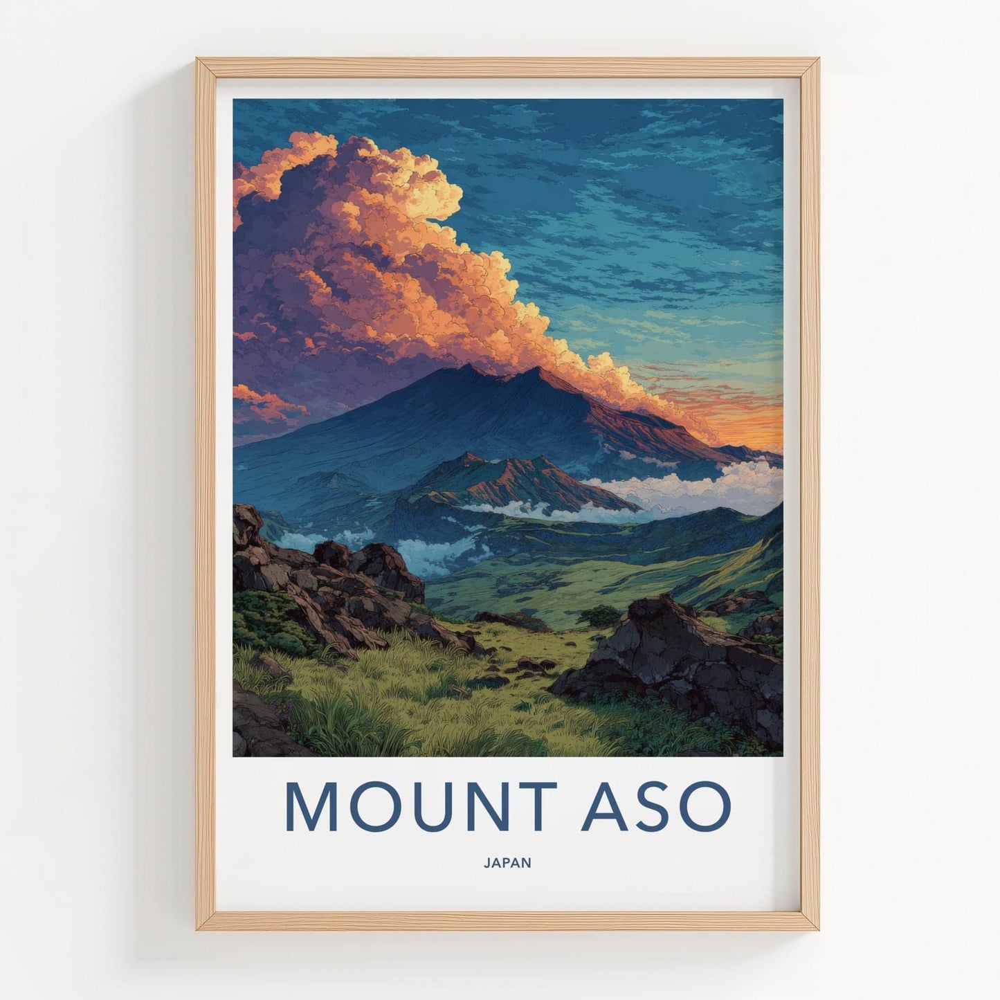 MOUNT ASO Poster - Japan Travel Art - Dramatic Cloudscape Valley Home Decor