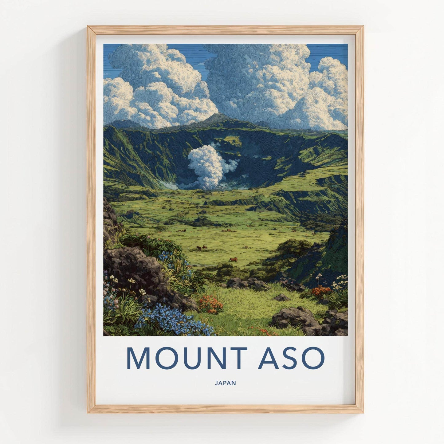 Mount Aso Poster - Japan Travel Art - Volcanic Crater Plume Home Decor