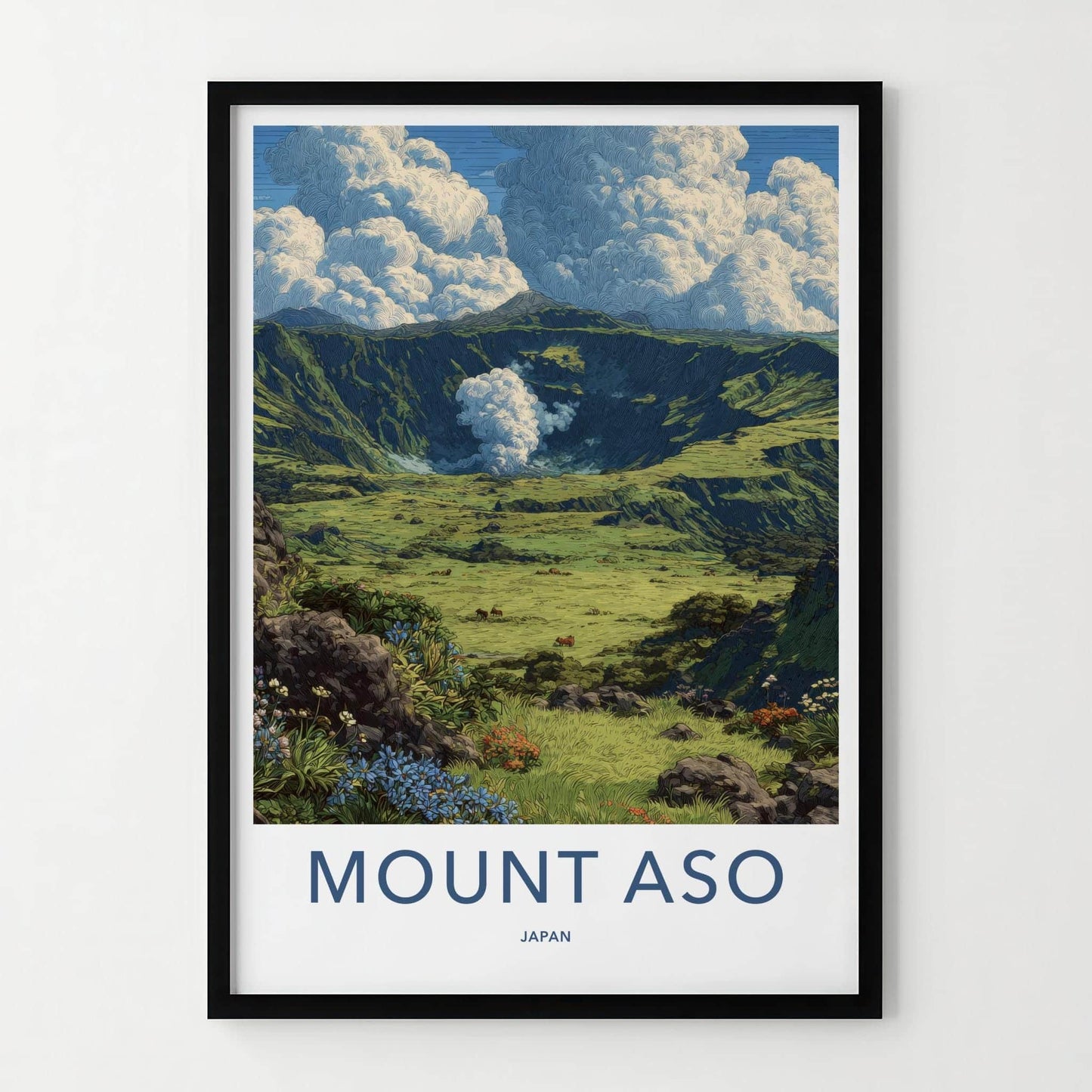 Mount Aso Poster - Japan Travel Art - Volcanic Crater Plume Home Decor