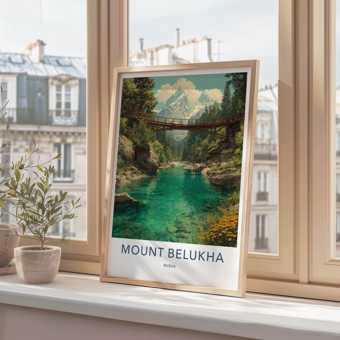 Mount Belukha Poster - Russia Framed Print - Alpine River Bridge Framed Decor