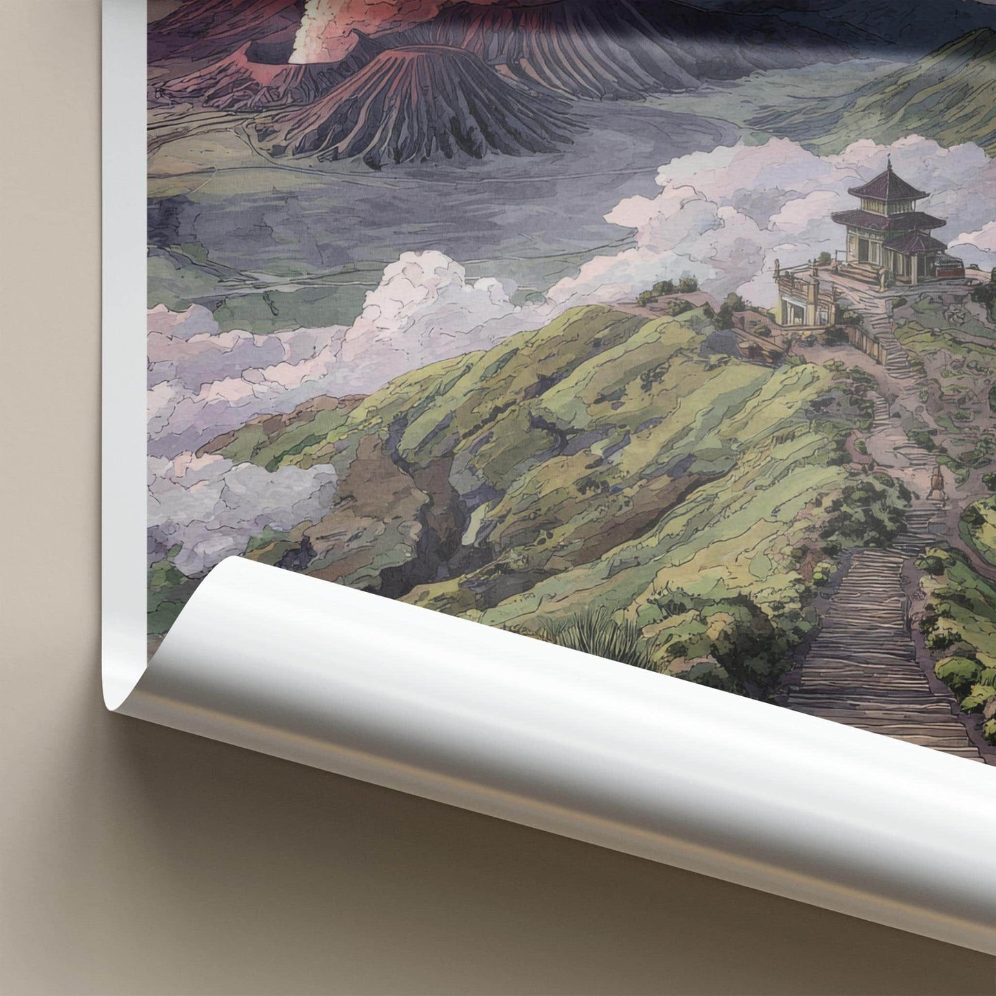 Mount Bromo Poster - Indonesia Travel Art - Smoking Volcano Temple Home Decor