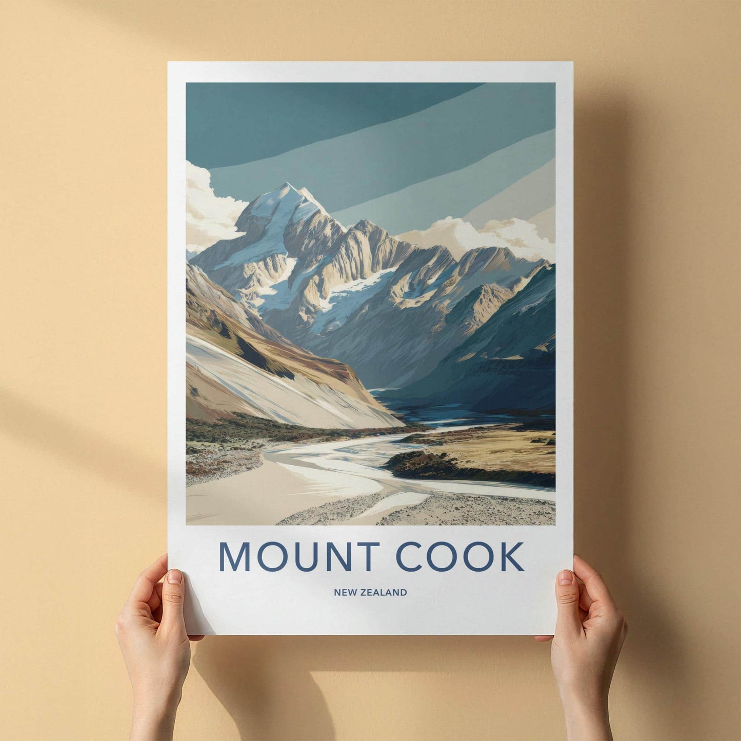 Mount Cook Poster - New Zealand Travel Art - Snowy Mountain River Home Decor