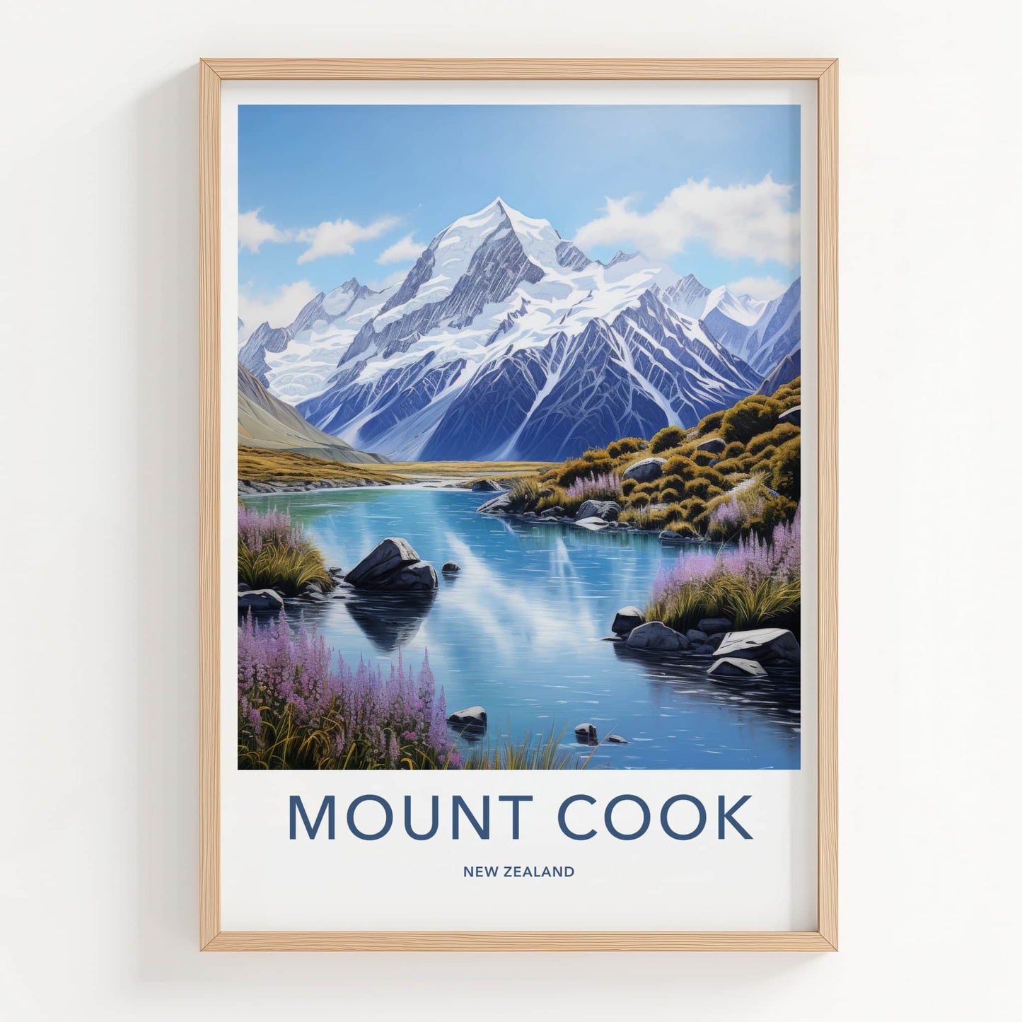 Mount Cook Poster - New Zealand Travel Art - Snowy Peak Lake Wall Decor