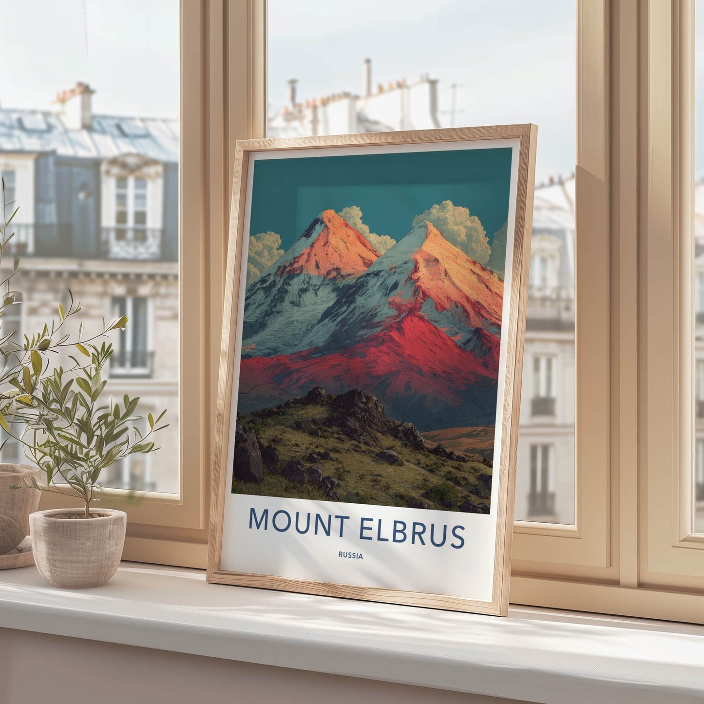 Mount Elbrus Poster - Russia Travel Art - Snowy Peaks Red Home Decor