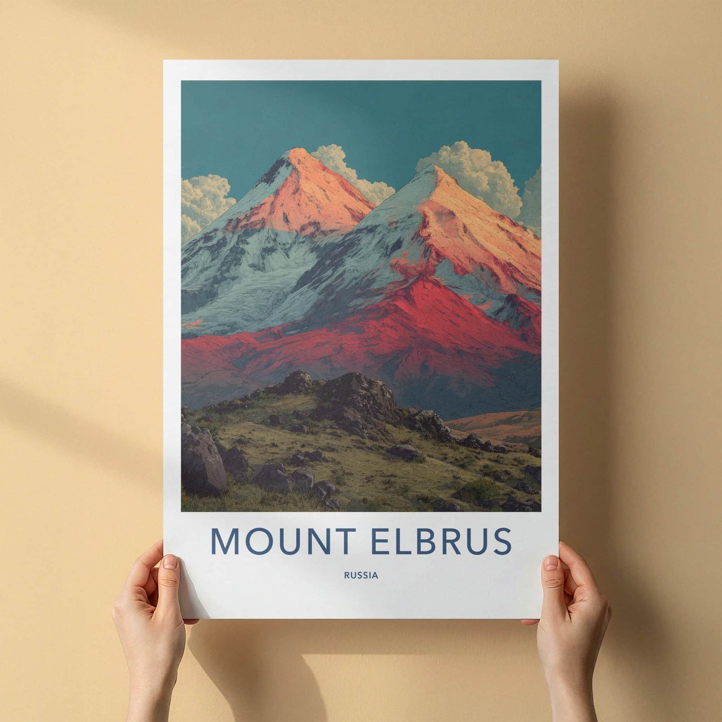 Mount Elbrus Poster - Russia Travel Art - Snowy Peaks Red Home Decor