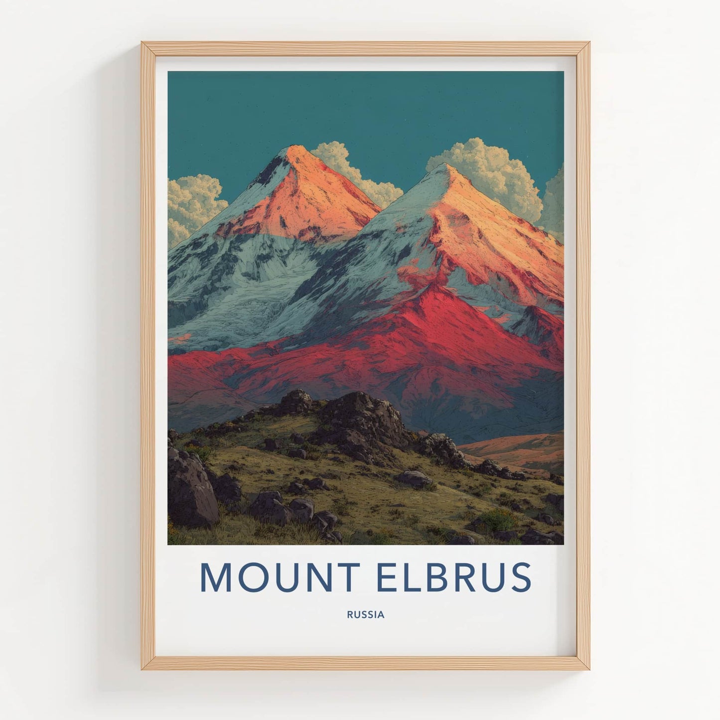 Mount Elbrus Poster - Russia Travel Art - Snowy Peaks Red Home Decor