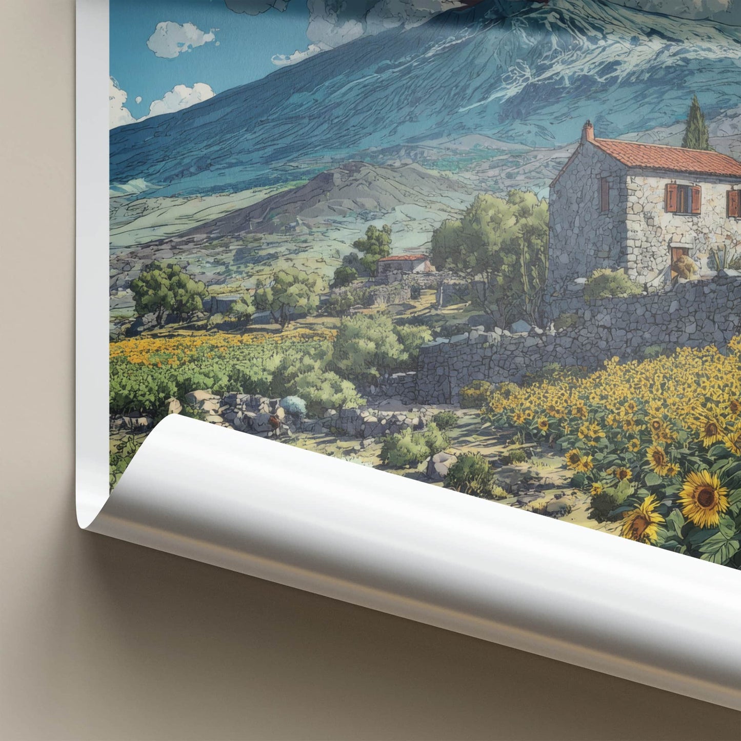 Mount Etna Poster - Italy Art Print - Stone House Sunflowers Home Decor