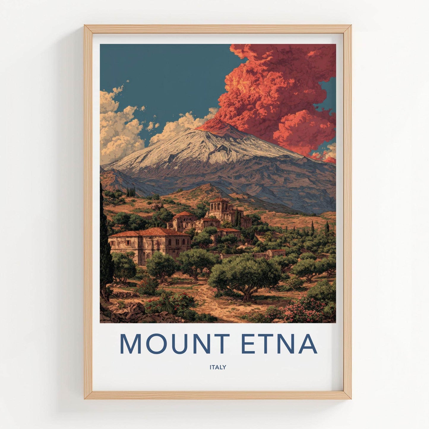 Mount Etna Poster - Italy Travel Art - Red Eruption Village Home Decor