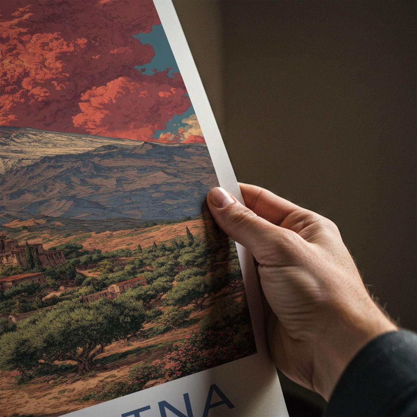 Mount Etna Poster - Italy Travel Art - Red Eruption Village Home Decor