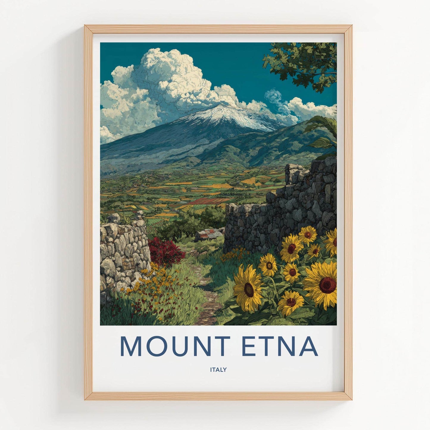 Mount Etna Poster - Italy Travel Art - Snowy Volcano Sunflowers Wall Decor