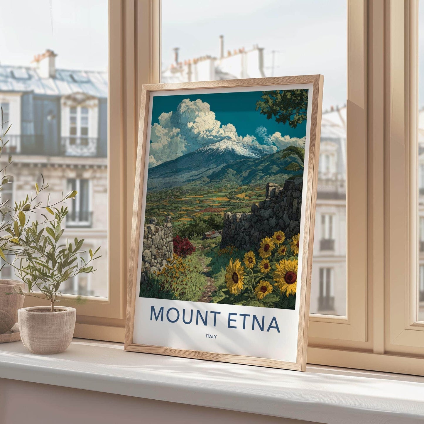 Mount Etna Poster - Italy Travel Art - Snowy Volcano Sunflowers Wall Decor