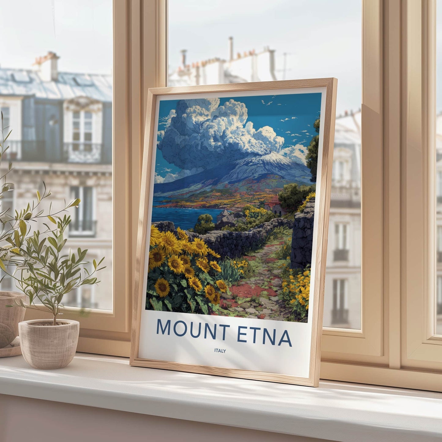 Mount Etna Poster - Italy Travel Print - Sunflowers Stone Path Home Decor