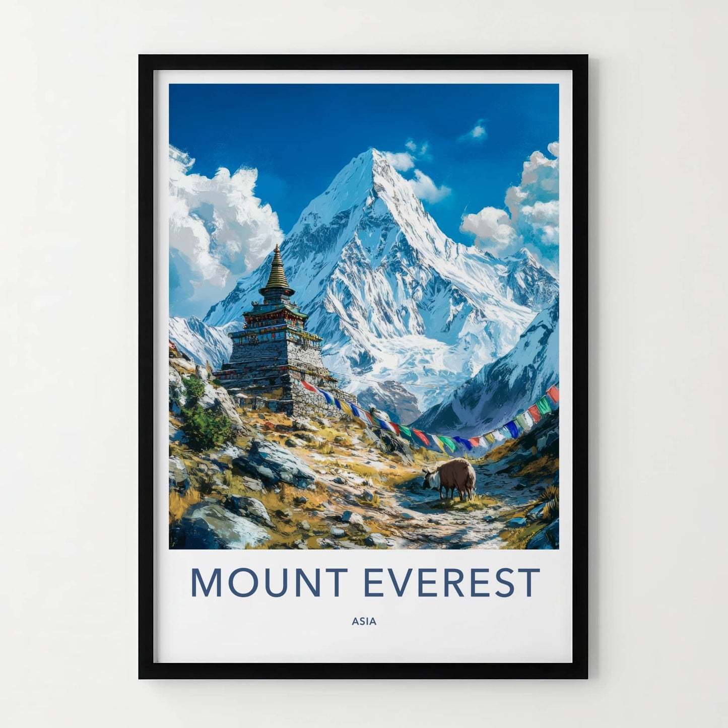 Mount Everest Poster - Nepal Travel Art - Himalayan Stupa Yak Wall Decor