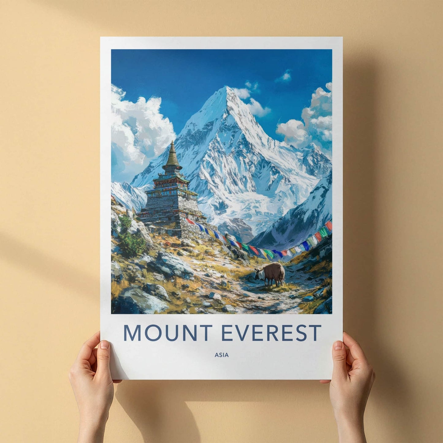 Mount Everest Poster - Nepal Travel Art - Himalayan Stupa Yak Wall Decor