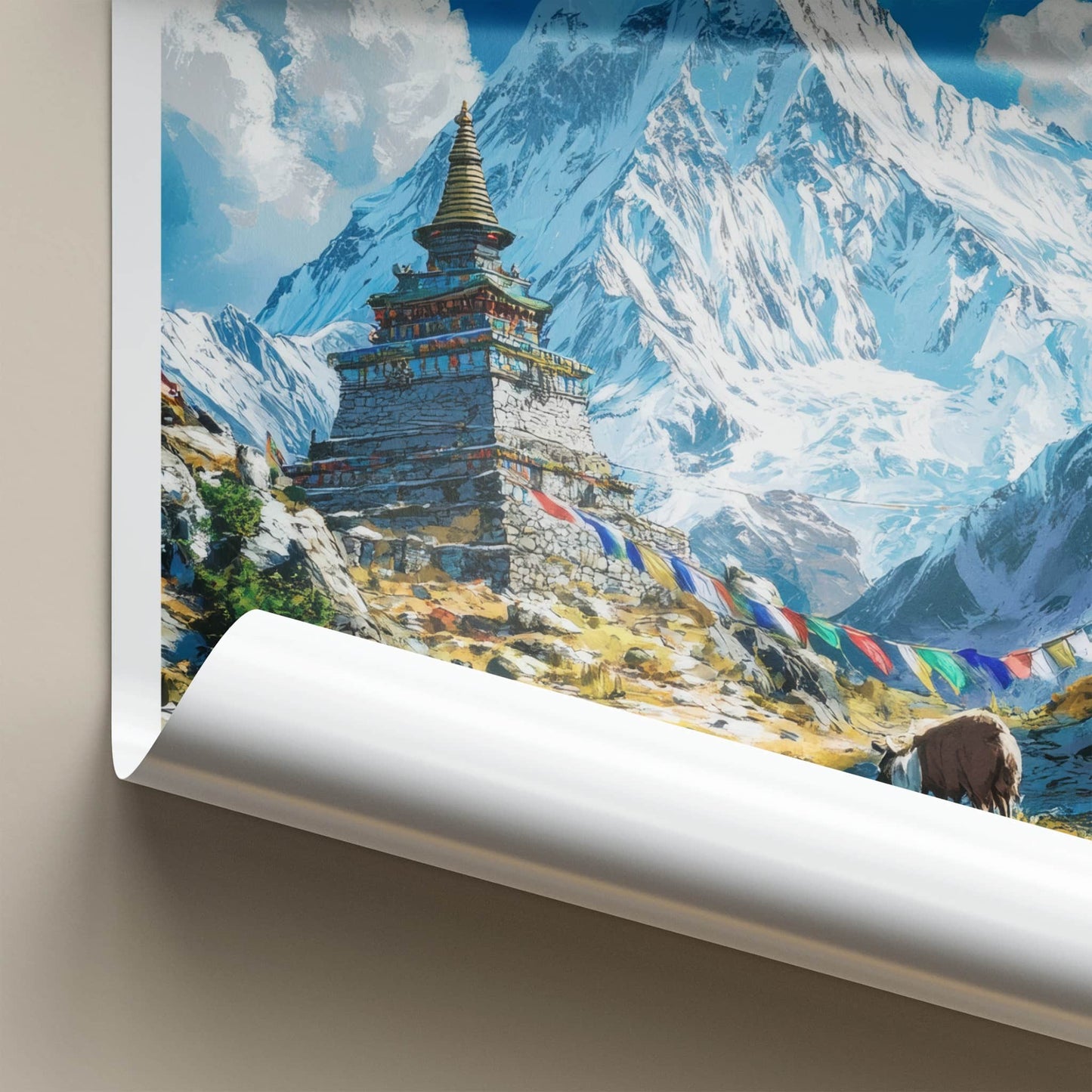 Mount Everest Poster - Nepal Travel Art - Himalayan Stupa Yak Wall Decor