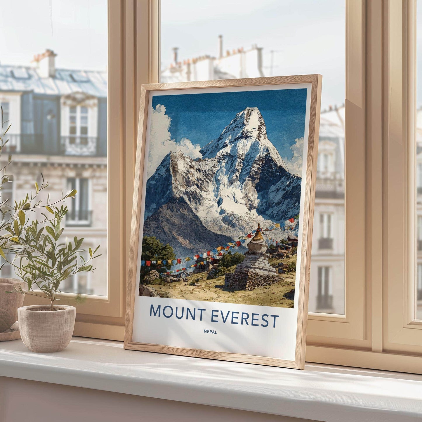 Mount Everest Poster - Nepal Travel Art - Stupa Prayer Flags Home Decor