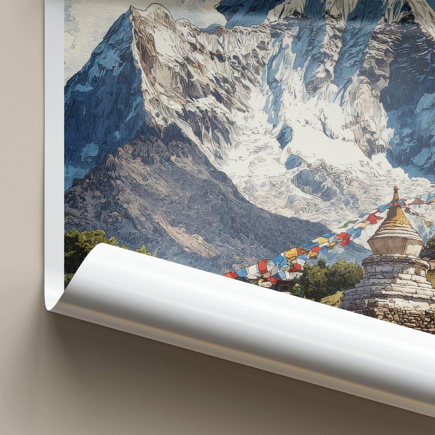 Mount Everest Poster - Nepal Travel Art - Stupa Prayer Flags Home Decor