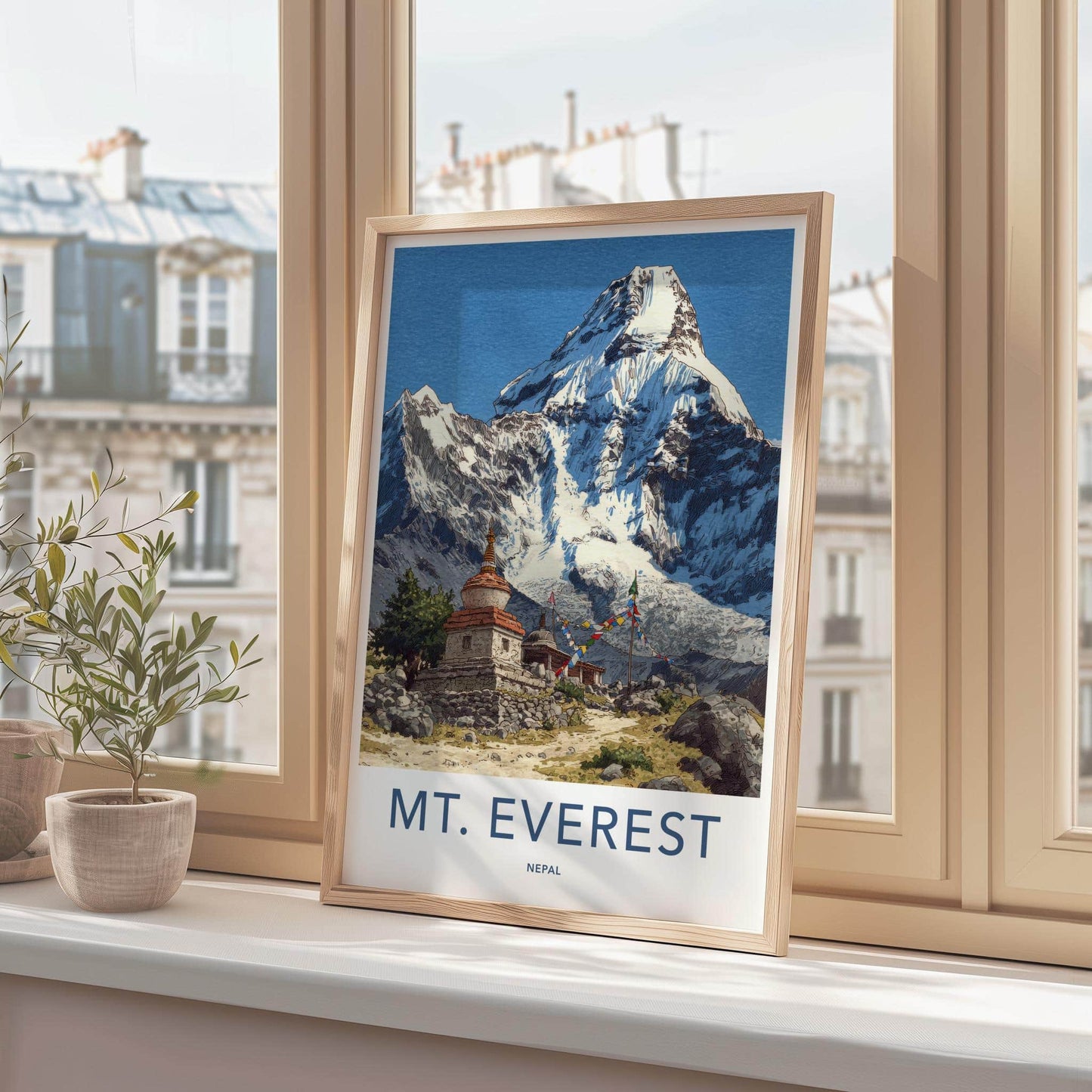 Mount Everest Poster - Nepal Travel Art - Stupa Prayer Flags Wall Decor