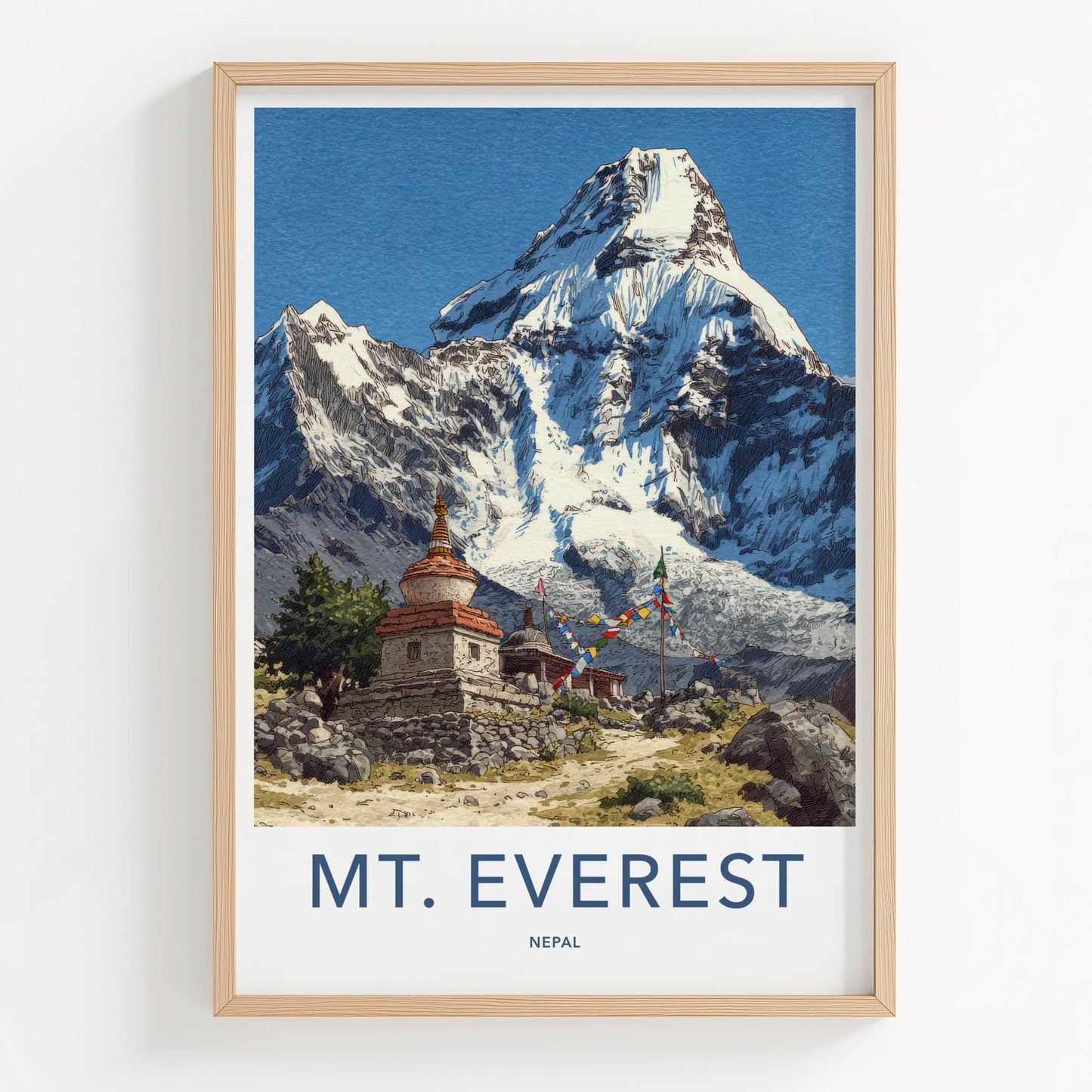 Mount Everest Poster - Nepal Travel Art - Stupa Prayer Flags Wall Decor
