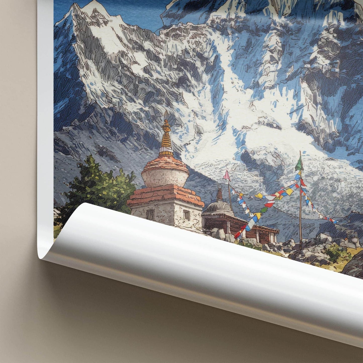Mount Everest Poster - Nepal Travel Art - Stupa Prayer Flags Wall Decor