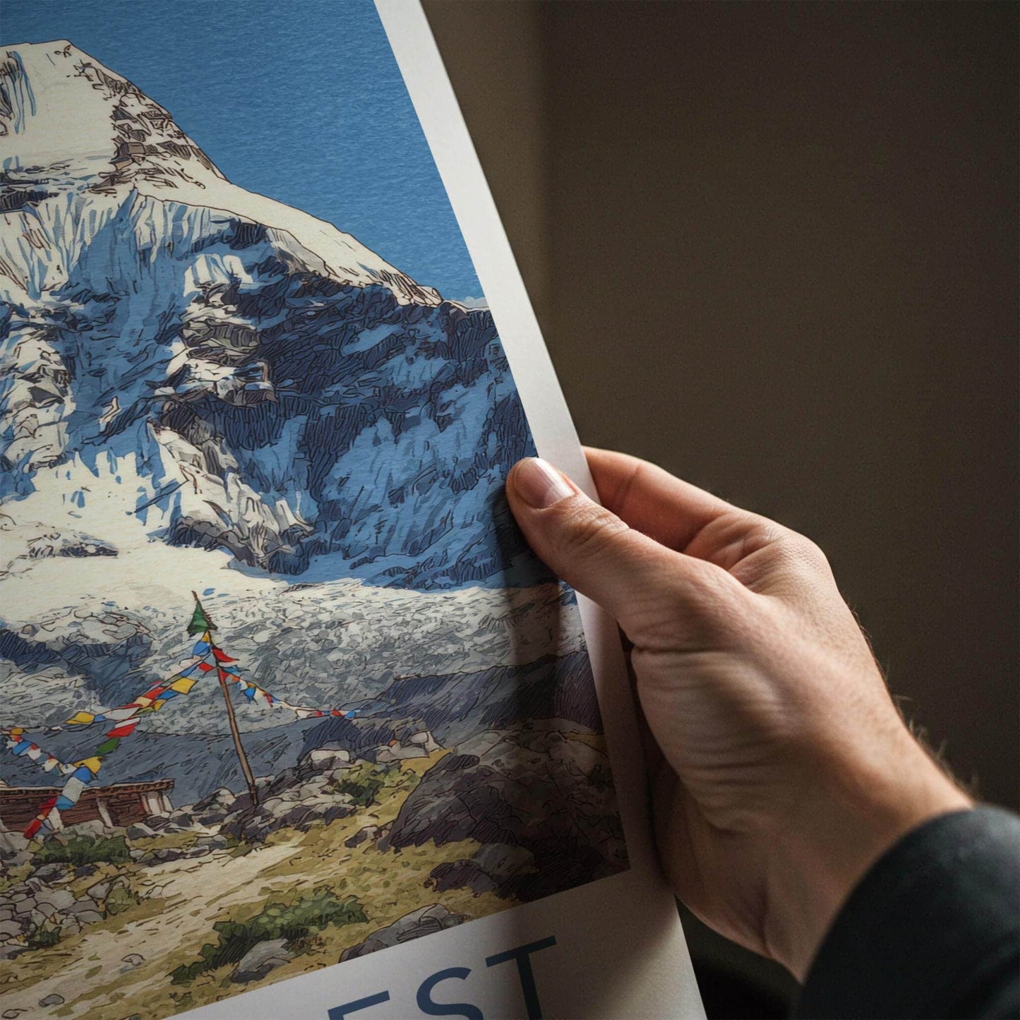 Mount Everest Poster - Nepal Travel Art - Stupa Prayer Flags Wall Decor