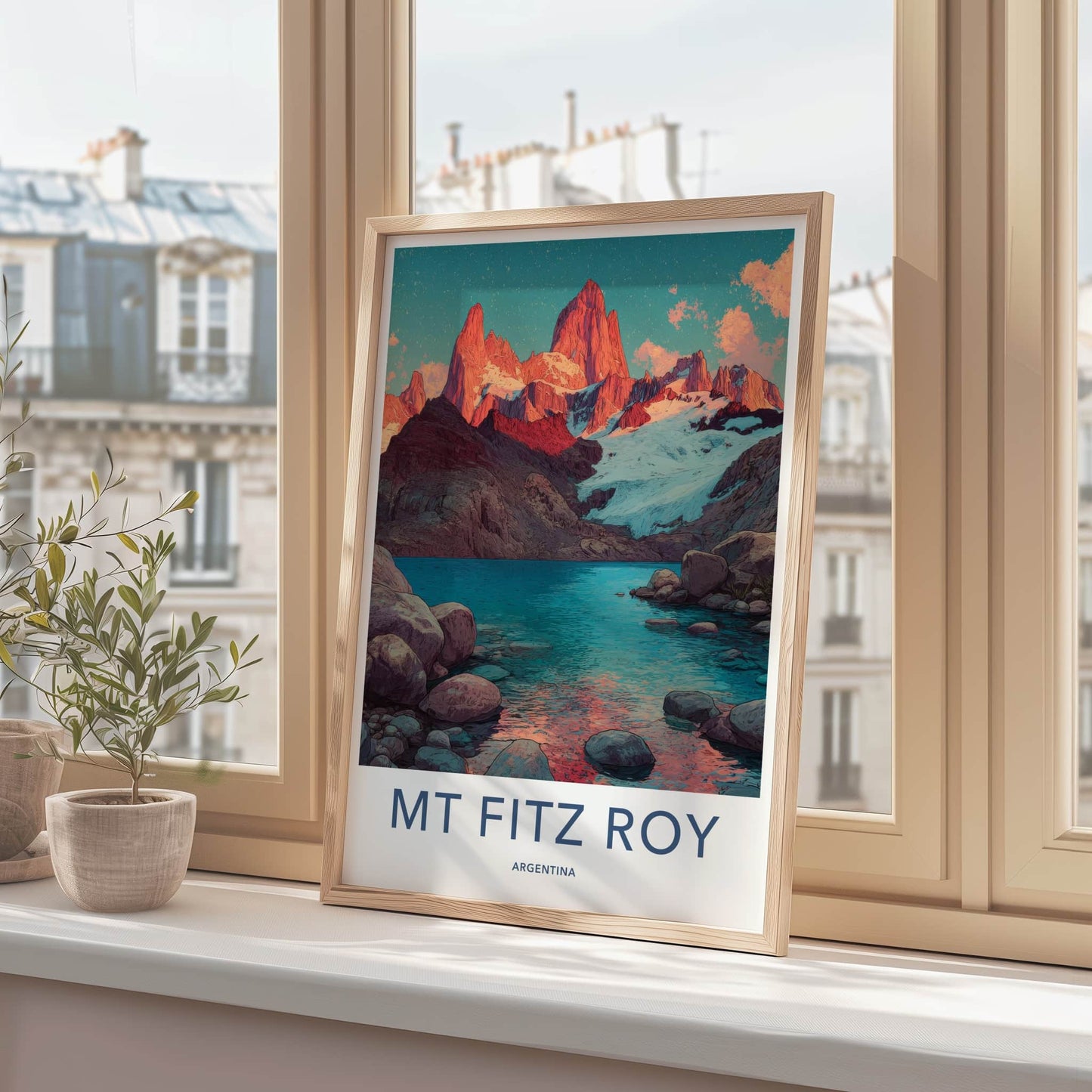 Mount Fitz Roy Poster - Argentina Travel Art - Snowy Mountain Lake Framed Decor