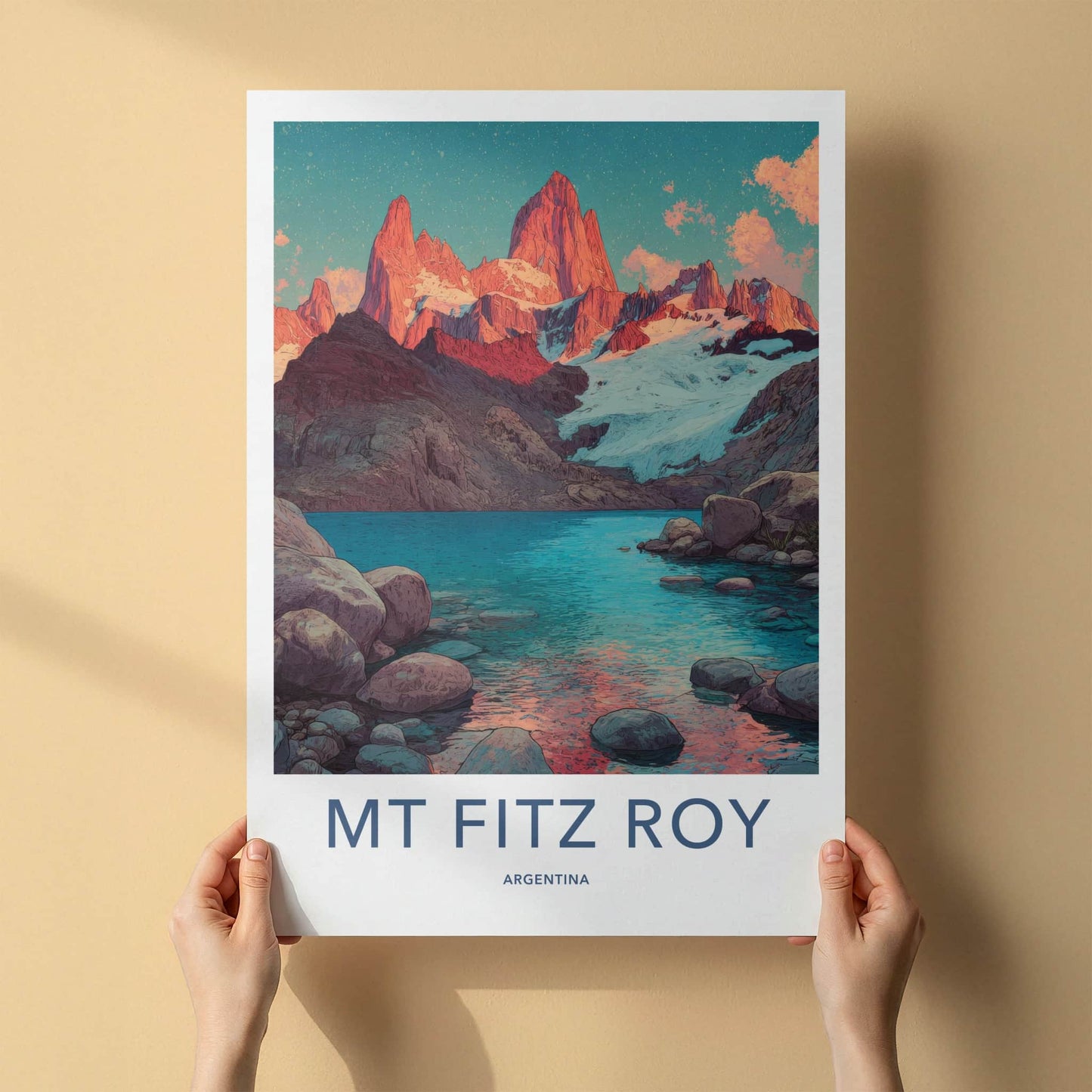 Mount Fitz Roy Poster - Argentina Travel Art - Snowy Mountain Lake Framed Decor
