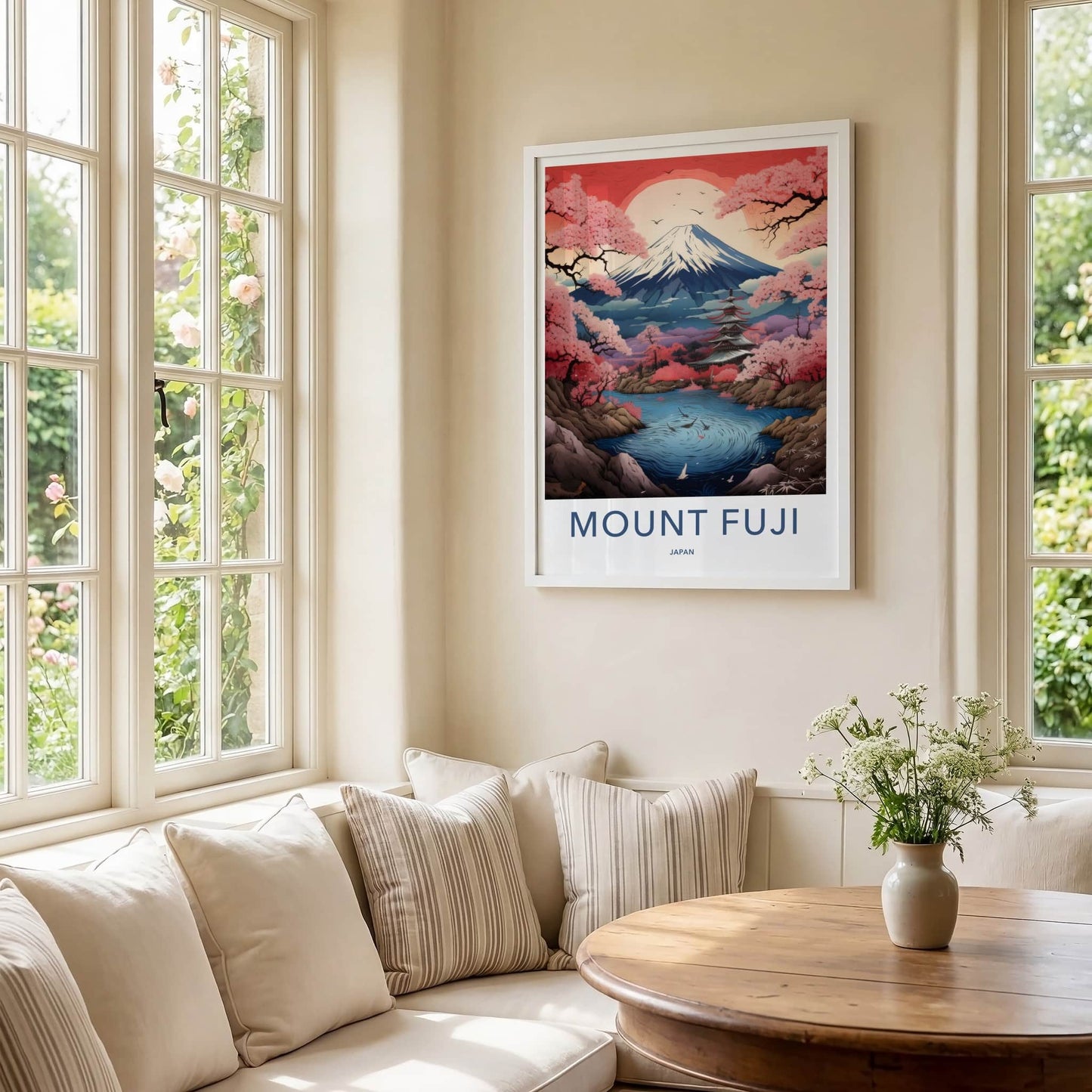 Mount Fuji Poster - Japan Travel Art - Pink Cherry Pagoda Home Decor
