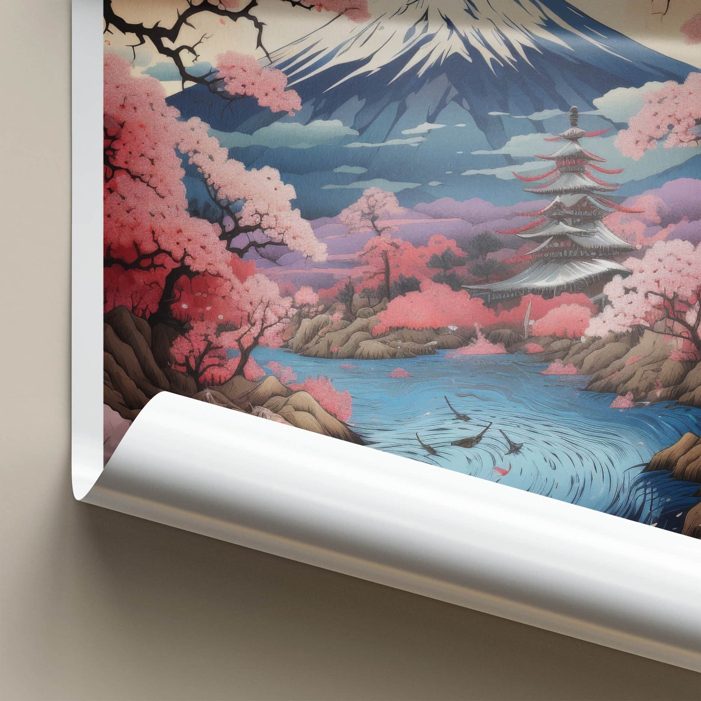 Mount Fuji Poster - Japan Travel Art - Pink Cherry Pagoda Home Decor