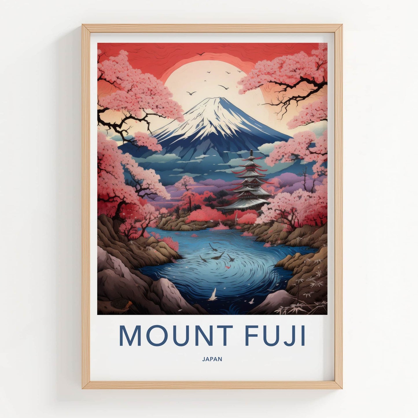 Mount Fuji Poster - Japan Travel Art - Pink Cherry Pagoda Home Decor