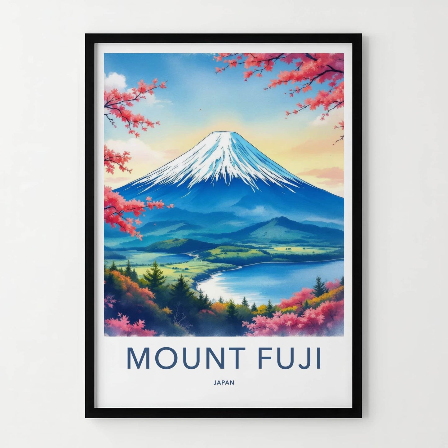 Mount Fuji Poster - Japan Travel Art - Pink Flower Mountain Wall Decor