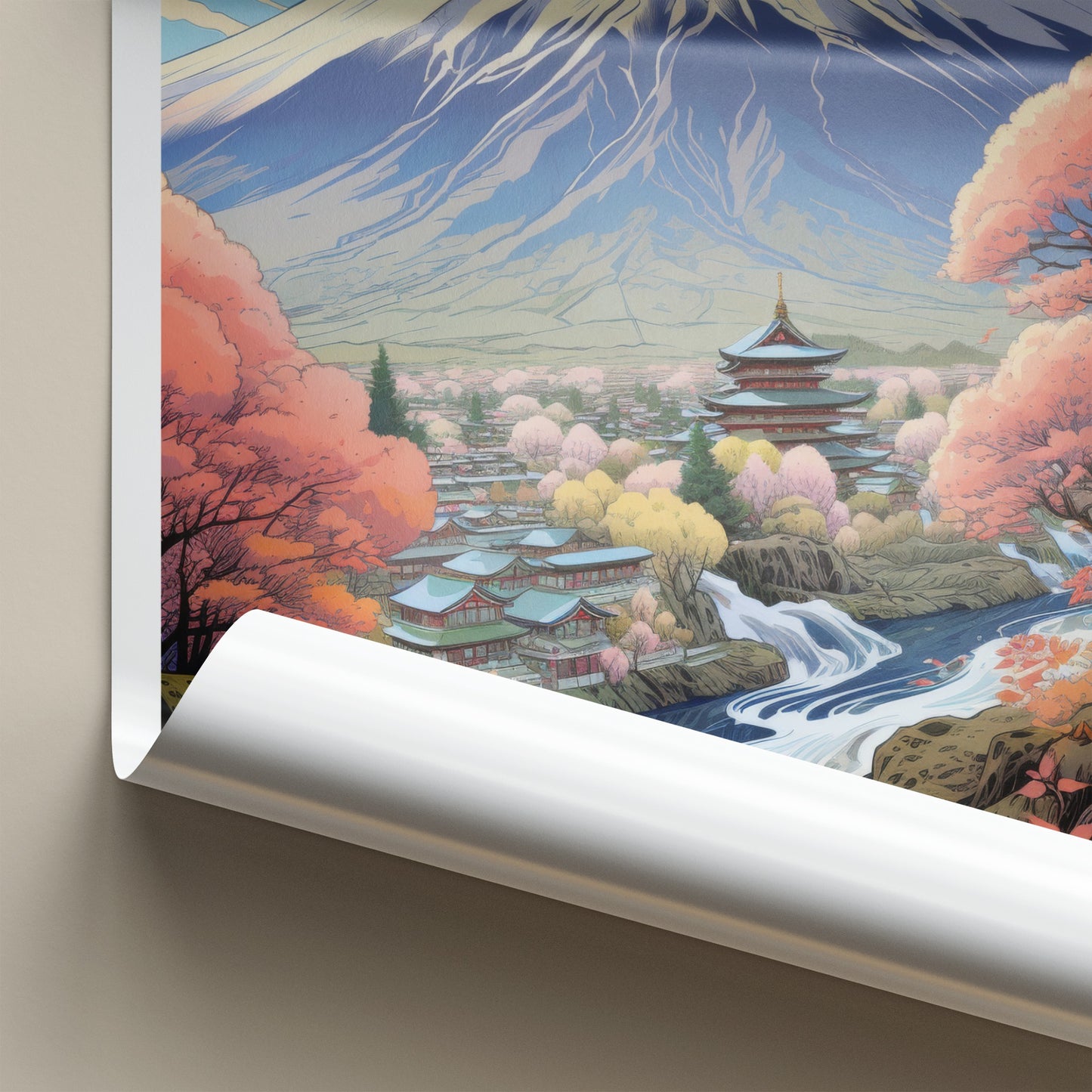 Mount Fuji Poster - Japan Travel Art - Temple River View Wall Decor
