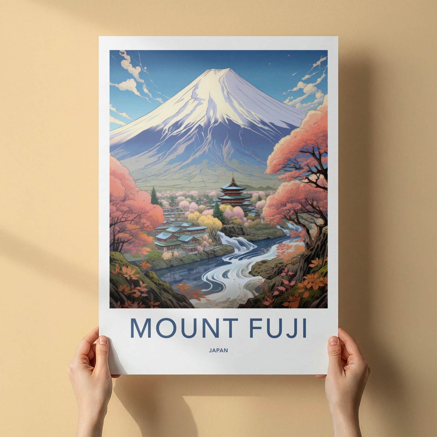 Mount Fuji Poster - Japan Travel Art - Temple River View Wall Decor