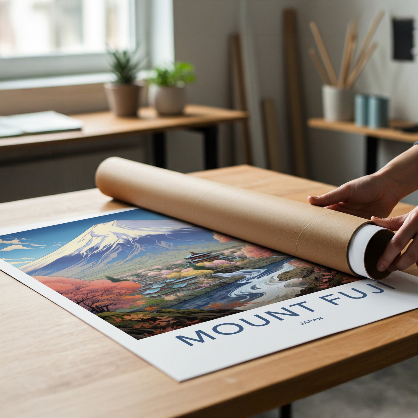 Mount Fuji Poster - Japan Travel Art - Temple River View Wall Decor