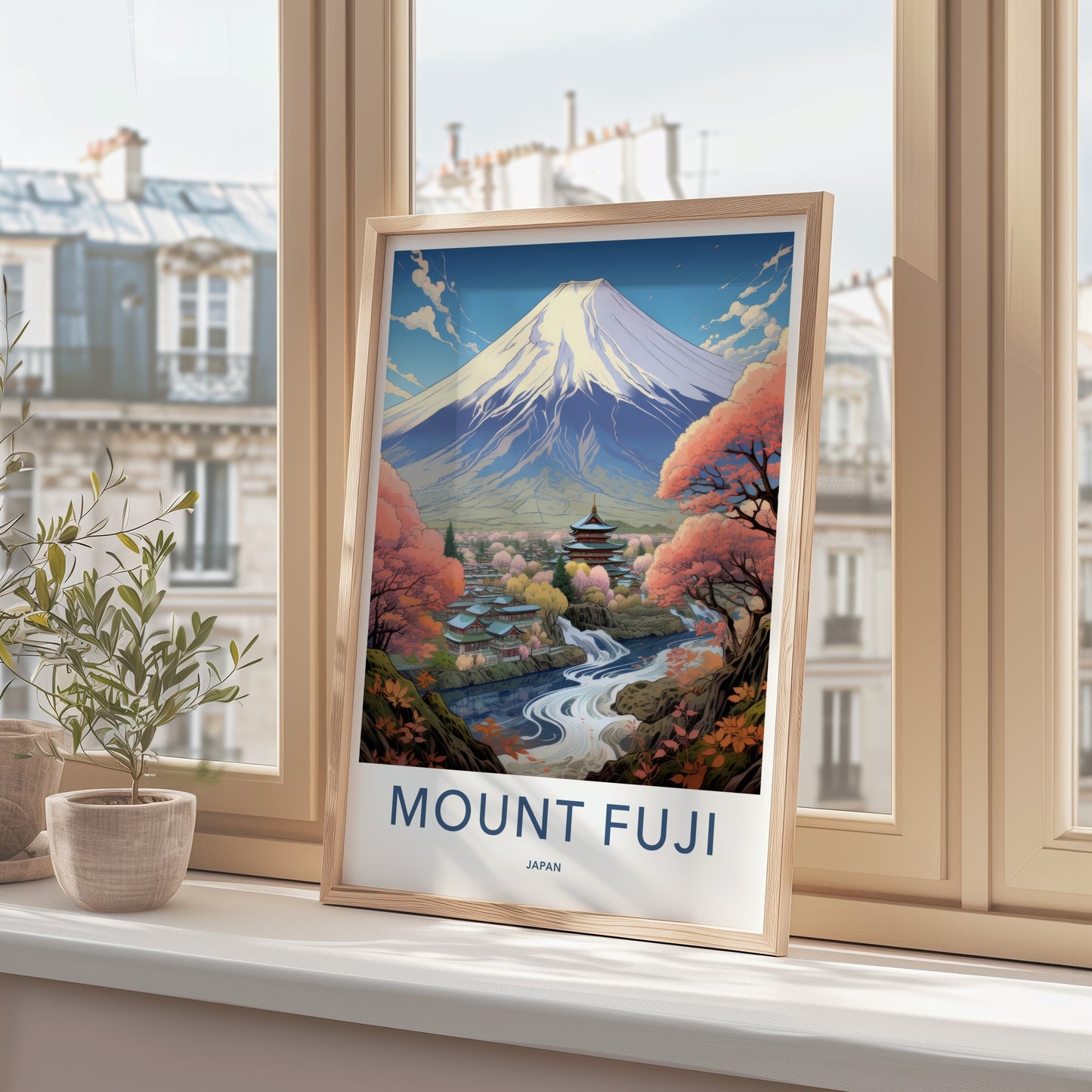 Mount Fuji Poster - Japan Travel Art - Temple River View Wall Decor